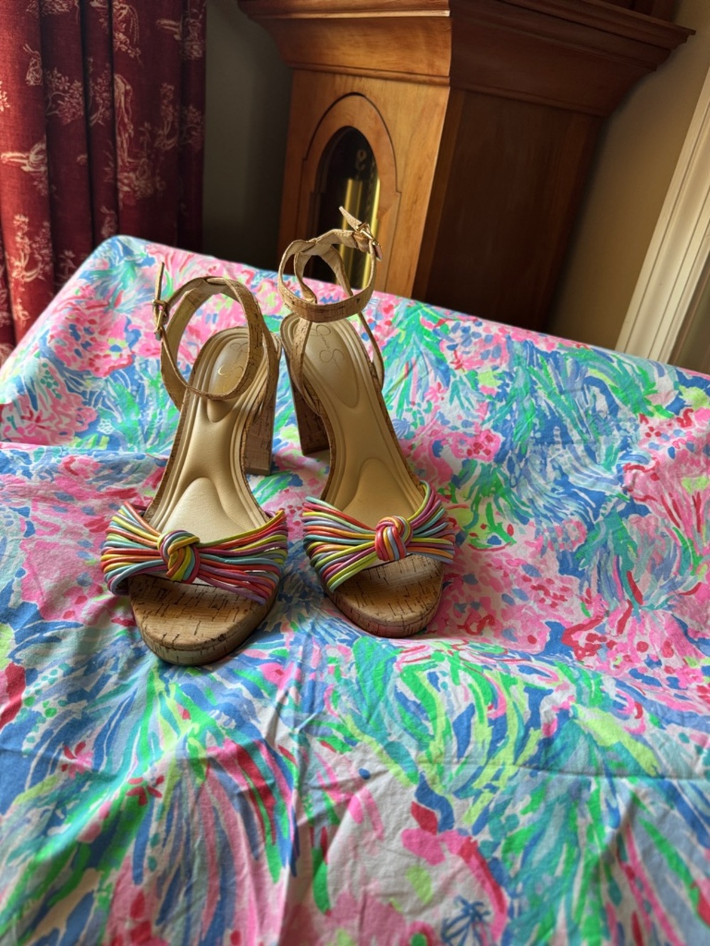 Jessica Simpson Multicolor Knot Cork Platform Ankle-Strap Heels